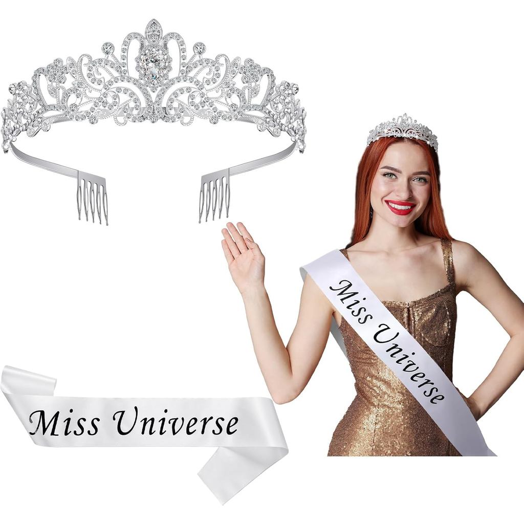 Yinkin Miss Universe สายสะพายพาจ์แอนท์ กับมงกุฎคริสตัลเงิน เหมาะสำหรับงานปาร์ตี้ฮาโลวีนหรือวันเกิด