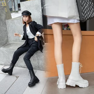 รองเท้าบูททรงหัวกลมสไตล์เกาหลี ซิปข้าง ยาวถึงเข่ารองเท้าบูทมาร์ตินสีขาว