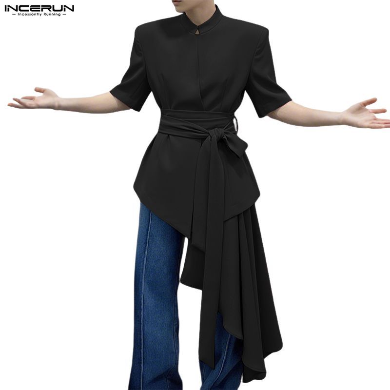 INCERUN ผู้ชายวินเทจแฟชั่นเสื้อโค้ต casual สั้นแขนสั้น กางเกงเลซ-up และริฟเฟิล มิดิ