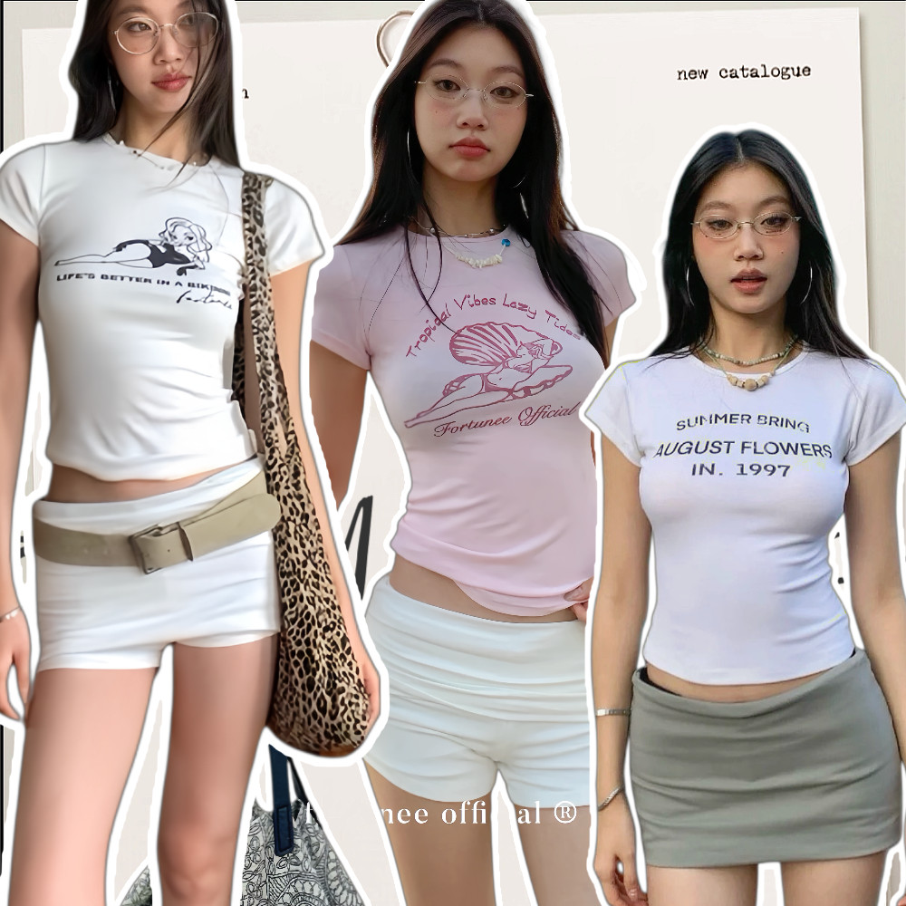 BIK พร้อมส่ง🔥เสื้อครอปแขนสั้นผู้หญิง ทรงลายพิมพ์ ผ้าคุณภาพดี ดูแพง ความยืดหยุ่นสูง ผ้าฝ้าย100% สไตล์เกาหลี แฟชั่น