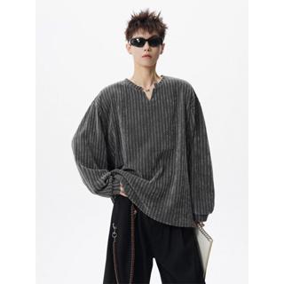 MNO.9 T-Shirt W91 เสื้อแขนยาว คอกลมแต่งV ผ้าทอลาย ใส่สบาย  M…