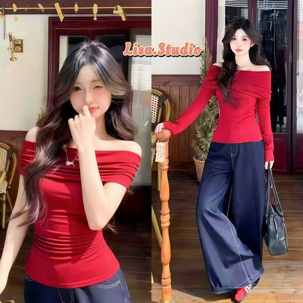 Lisa🎀พร้อมส่ง🎄เสื้อสีแดงผู้หญิง เสื้อยืดปาดไหล่แขนยาว สไตล์สวาเกาหลี ชุดไปเที่ยวปีใหม่คริสต์มาสสีพื้นเอวลอยทรงรัดรูป