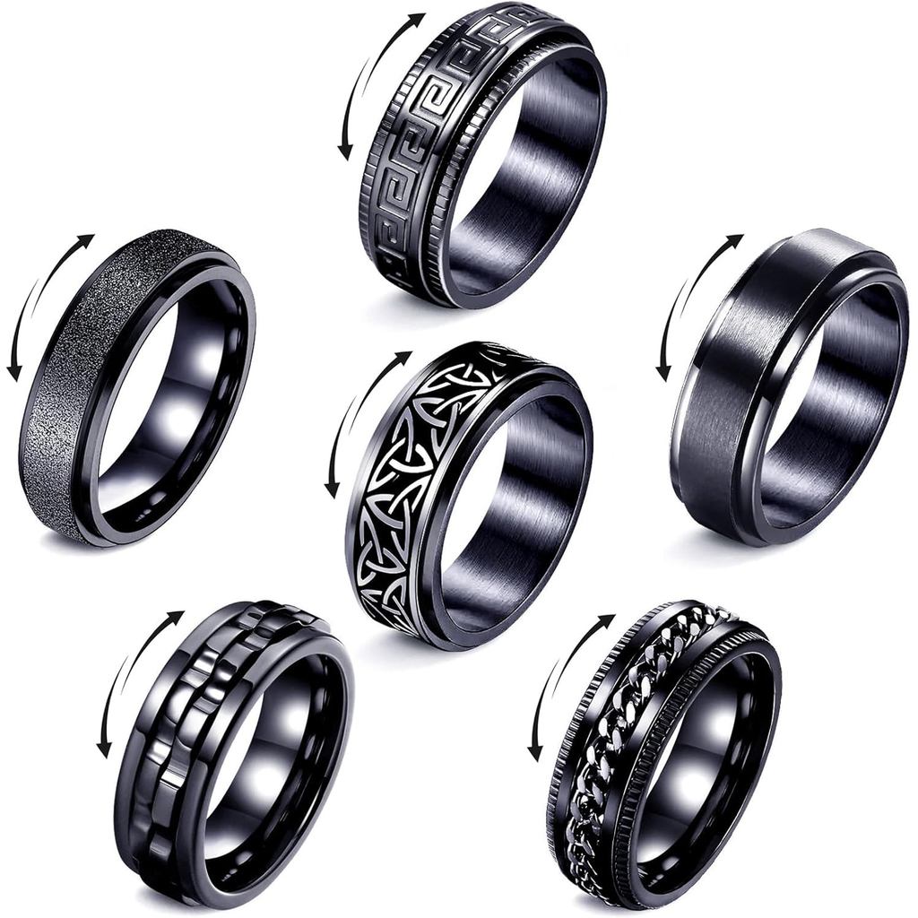 Fidget Rings for Anxiety 4-6pcs Stainless Steel Rings for Men Fidget Ring Black Anxiety Spinner Ring