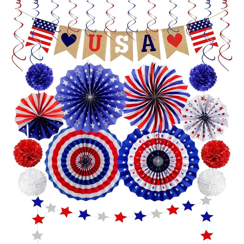 26Pcs Patriotic Decorations 4th of July Decorations LOVE USA Banner Red White Blue Paper Fans Star S