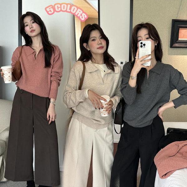 CHILI#เสื้อไหมพรมสตรีสไตล์เกาหลี คอปก รุ่นฤดูใบไม้ร่วง-ฤดูหนาว ดีไซน์โปโลลำลอง#88046 - รูปที่ 7