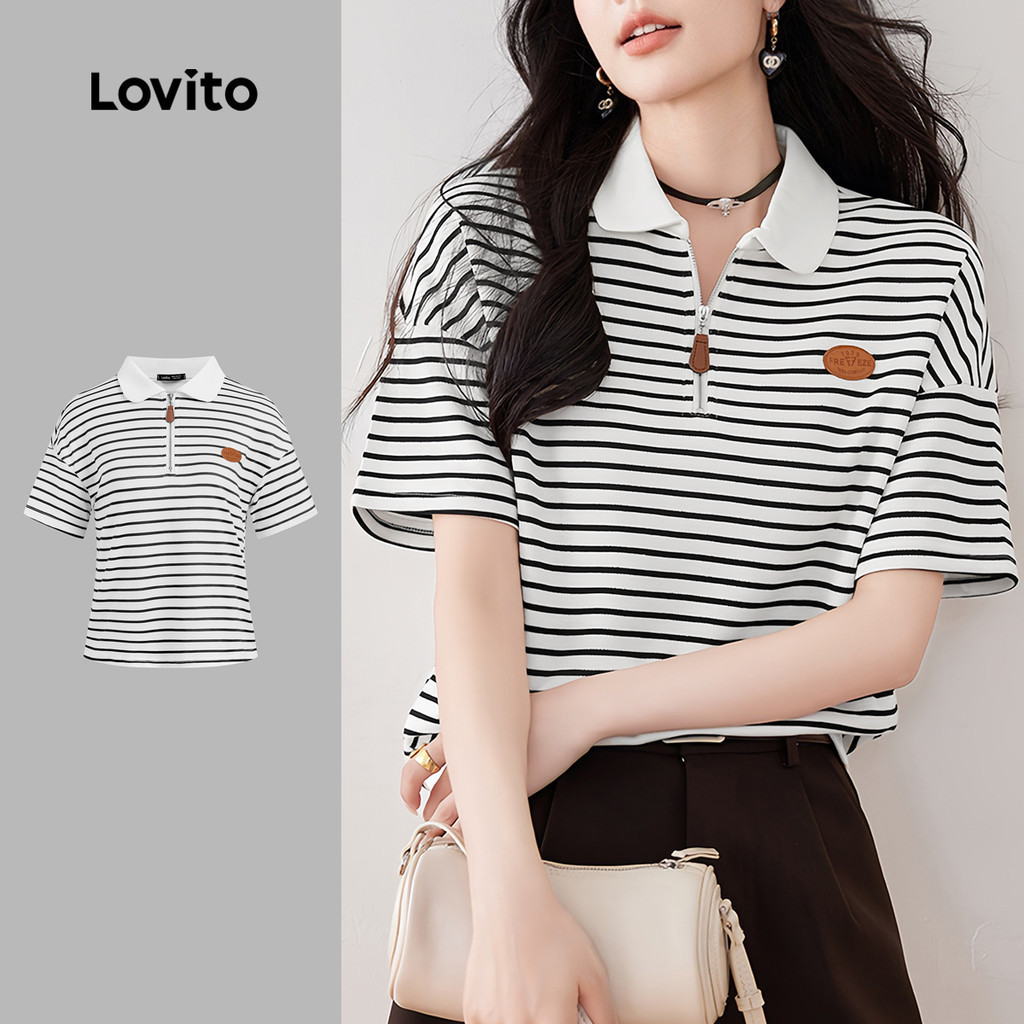 Lovito เสื้อยืดคอปกซิปแบบลำลอง สีดำ-ขาว สำหรับฤดูใบไม้ผลิ/ฤดูร้อน L139AD025