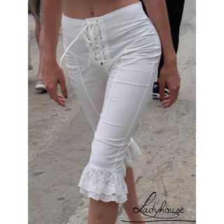 (จัดส่งในกรุงเทพฯ)ผู้หญิง Capri กางเกงลูกไม้ Ruffles ด้านหน้า ฤดูร้อนสบายๆ Cropped Leggings