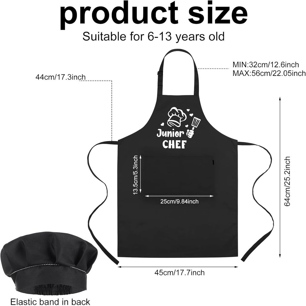 Auidy_6TXD Kids Apron and Chef Hat Set, Funny Apron (Junior CHEF) Adjustable Child Apron with 2 Pock