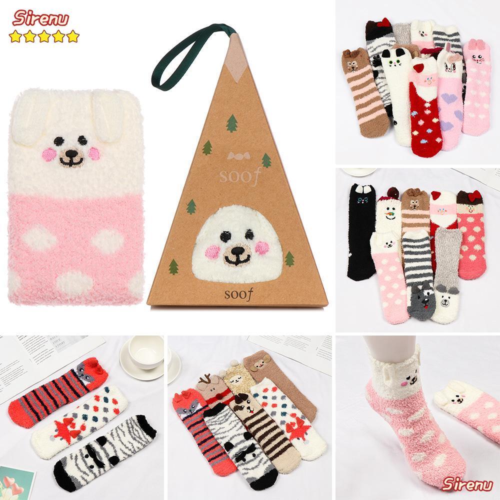 ไซเรนUZV ถุงเท้าคริสต์มาสหนานุ่มฤดูหนาว Warm Animal Design Fluffy ของขวัญกันลื่น Sox พร้อมกล่อง