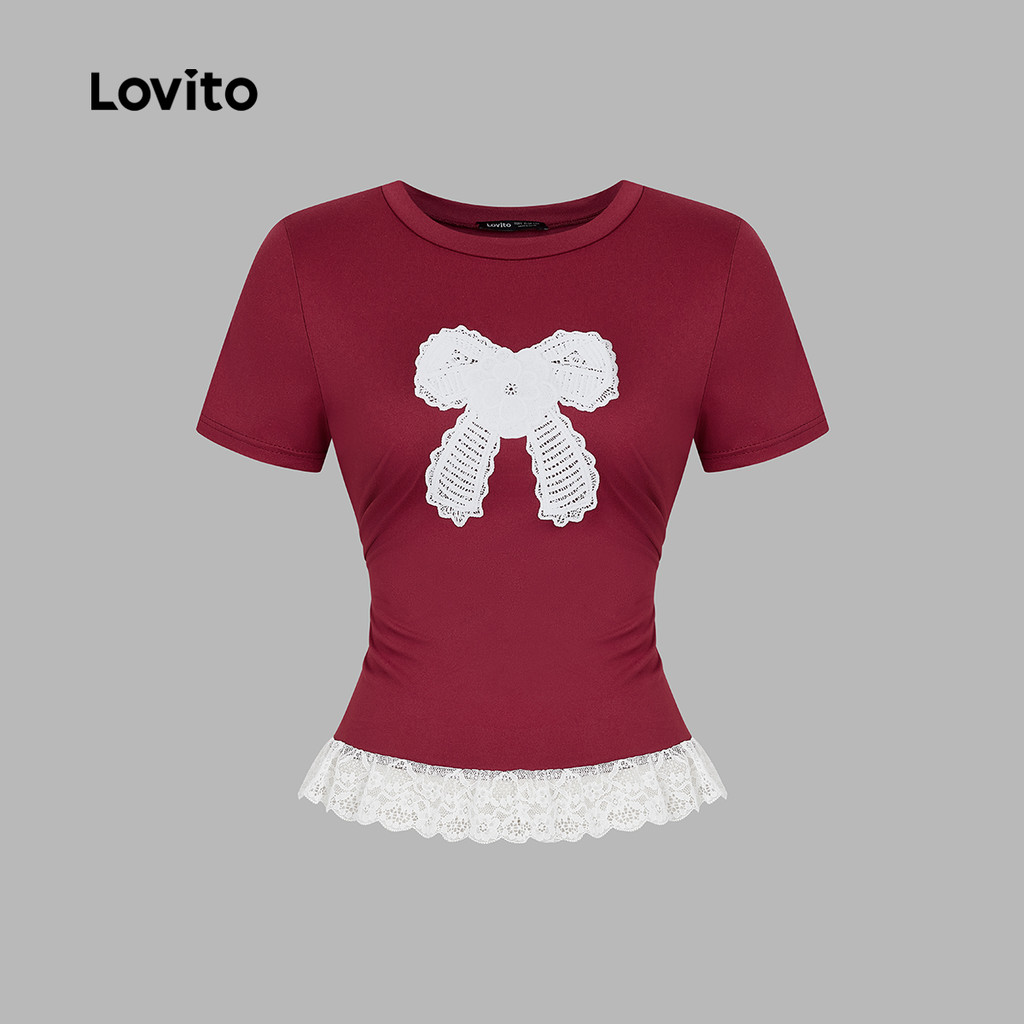 Lovito เสื้อยืดผู้หญิง ลายลูกไม้ สีแดงเข้ม ใส่สบาย สําหรับเทศกาลคริสต์มาส ปีใหม่ ฤดูใบไม้ผลิ ฤดูร้อน L164ED046 - รูปที่ 2