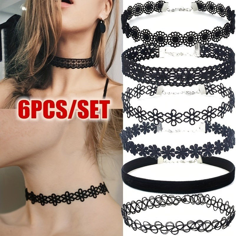 6ps ปลอกคอสีดํา hoker Clavicle CHAIN เครื่องประดับคอสายคล้องคอสร้อยคอคอลูกไม้สร้อยคอสั้น 25.12.4