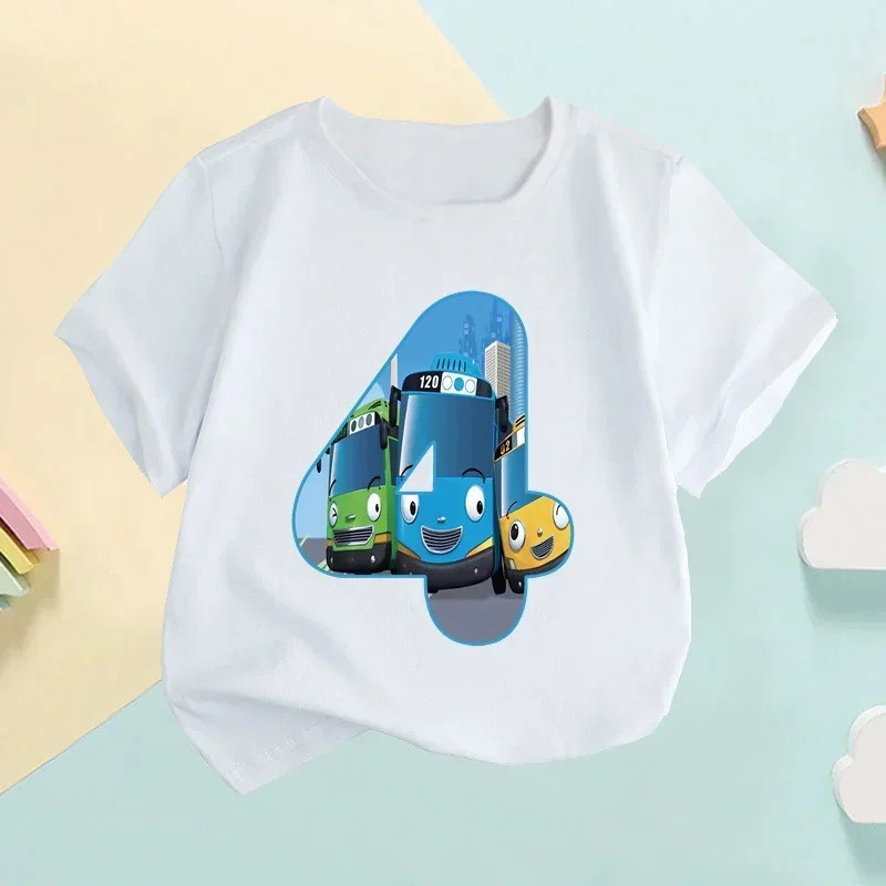 Tayo the Little Bus การ์ตูนจํานวนโบว์เด็ก T เสื้อสาวเสื้อผ้า 1 2 3 4 5 6 7 8 9 ปีวันเกิดเด็กทารกเสื้