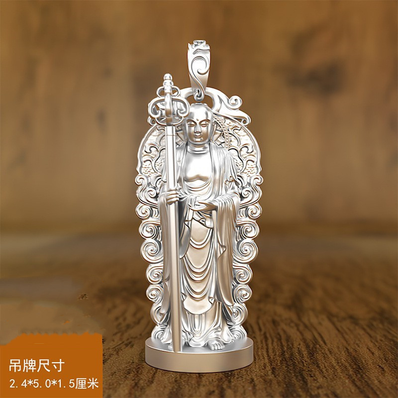 จี้ Jizo King สแตนเลสเคลือบเงิน พร้อมสร้อยคอน้ำคริสตัลและพระพุทธรูป พลังงานศักดิ์สิทธิ์