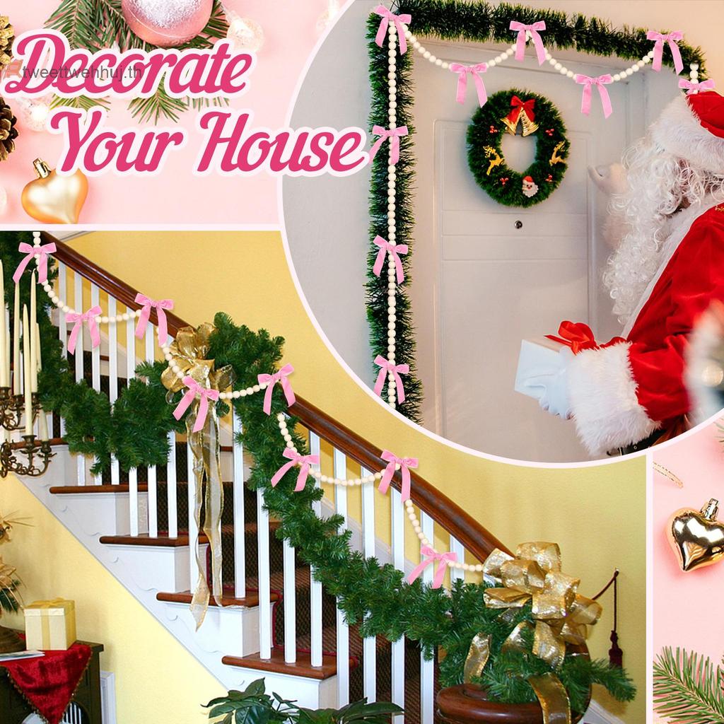 Tw 9.8Ft ต้นคริสต์มาส Bow Pearl Garland 16 สีชมพู Bow & 150 สีขาว Pearl Christmas Tree Bow ตกแต่ง Bo