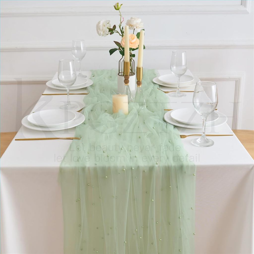 Pearl Table Runner Wedding Decor:Pearl Chiffon Table Runner Embellished Sheer Tablecloth Table Runne