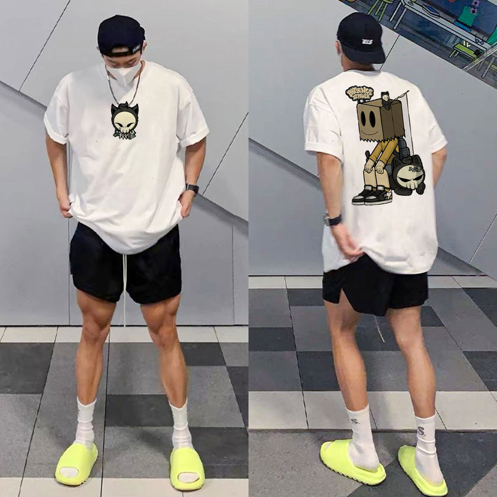 (ผ้าฝ้าย 100%)Luvoro oversize unisex เนื้อผ้านุ่มระบายแขนสั้น T-shirt สีดำและสีขาว เสื้อยืดทูโทน เสื้อยืดแขนสั้น C1814