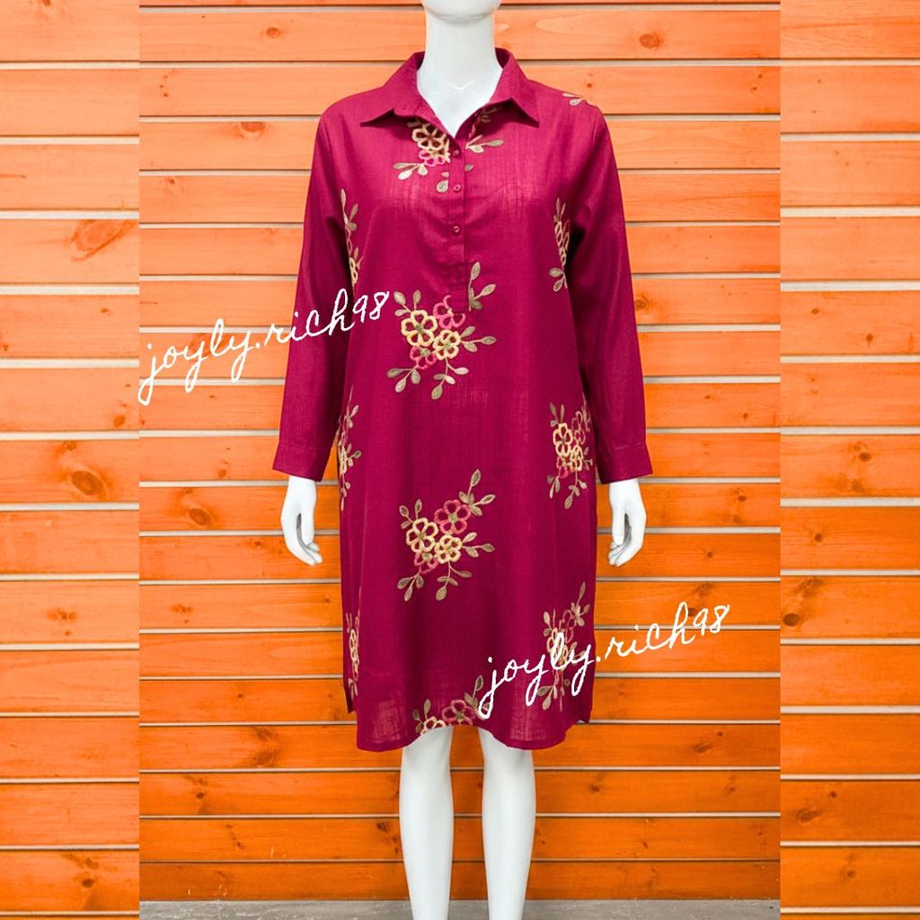 ชุดเดรสคอปกเชิ้ตดีไซด์ทรงสวย ผ้าลินินผสมฝ้ายงานปักใส่สบายมาก ลายดอกสวย - รูปที่ 3