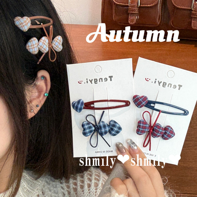 กิ๊บติดผมสไตล์พรีพปี้ ลายสก๊อตและหัวใจ คลิปทรงเป็ด เหมาะสำหรับผมหางกระчากหรือผมด้านข้าง