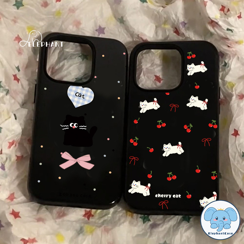 สำหรับ IPhone 16 17 AIR 15 13 11 12 14 Pro Max XR XS X Max 7 8 Plus ลายจุดหัวใจรัก ลายแมวน้อยโบว์เชอร์รี่ เคสพื้นผิวมัน