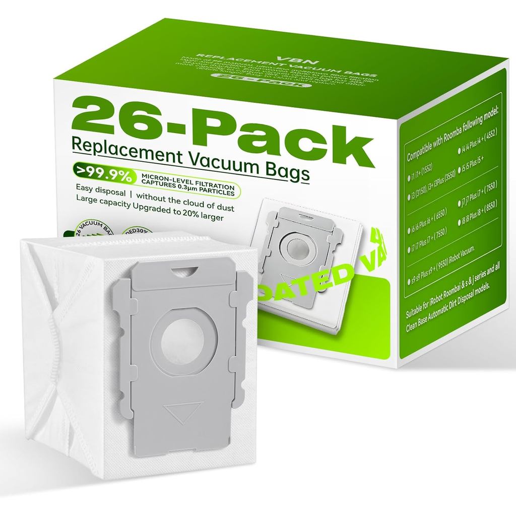 VBN 26 แพ็คถุงสูญญากาศสําหรับ iRobot Roomba i & s & j Series ทําความสะอาดฐาน, Fit i3 i3 + i4 i4 + i5