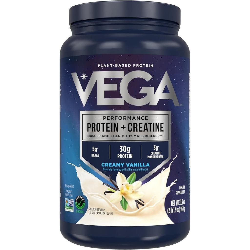 Vega Protein + Creatine - โปรตีนจากพืช 30g, วานิลลา, 20 เสิร์ฟ, ครีเอทีน 3g, 5g BCAAs, มังสวิรัติ, ค