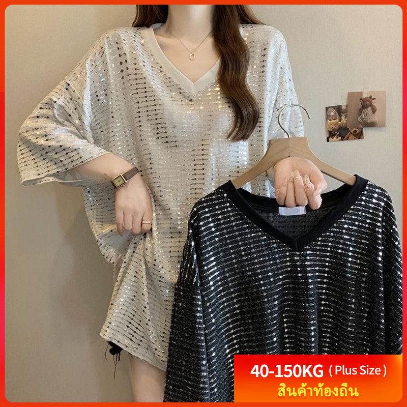 [Ready Stock] เสื้อยืดพลัสไซส์แฟชั่น (40-150 กก.) ผ้าแวววาว สวมใส่สบาย คอวี แขนสั้น เอวหลวม