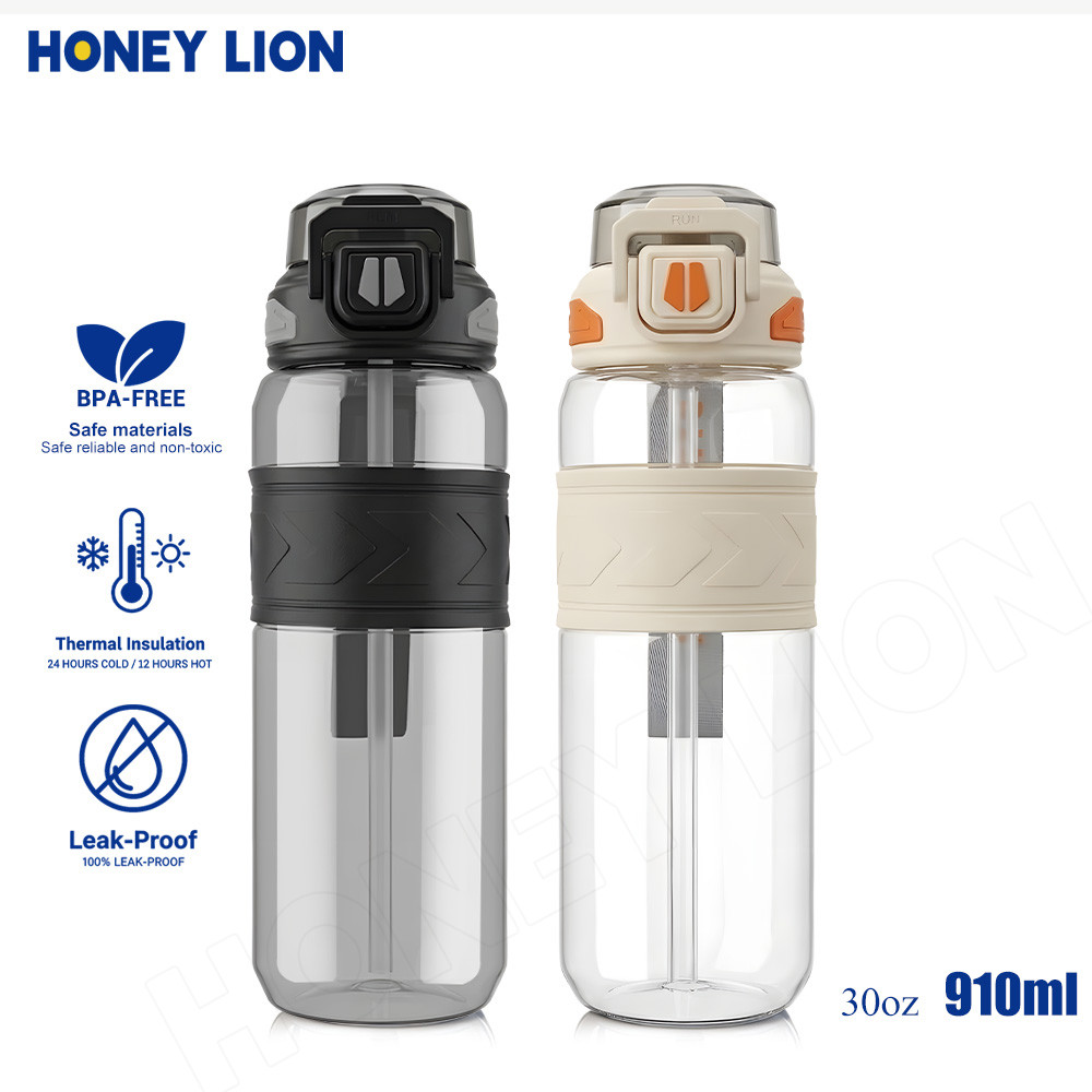 ขวดน้ำสปอร์ต 910ml ไร้สาร BPA ทนร้อน 100℃ ดื่มได้ 2 แบบ (มีหลอด/ยกดื่ม) กันรั่ว 100% เหมาะสำหรับเข้ายิมและออกกำลังกาย - HoneyLion