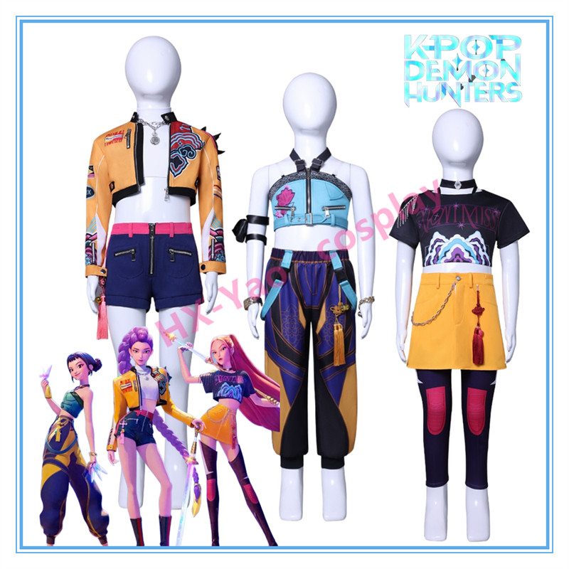 18H 【HX-YAO】สไตล์เด็ก KPop Demon Hunters cosplay เครื่องแต่งกายการแสดง Mira Rumi Zoey เด็กฮาโลวีนแสด