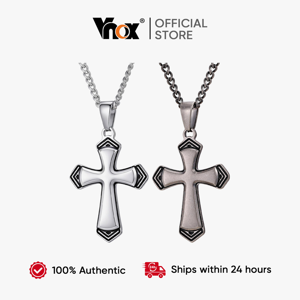 Vnox Cross Black Pendant Necklace Silver Color Stainless Steel Chain Hip-hop Punk Jewelry for Women Men Gifts