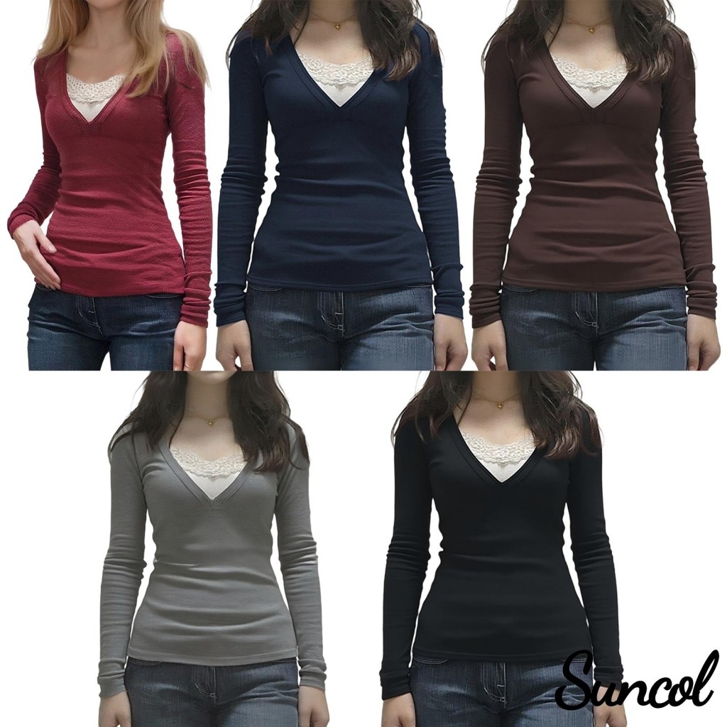 Suncol - เสื้อแขนยาวสำหรับผู้หญิง ลายพิมพ์ปักงานฝีมือ ทรงเรียบหรู ออกแบบมาในสไตล์คอวี เหมาะสำหรับแต่งกายในฤดูใบไม้ร่วง