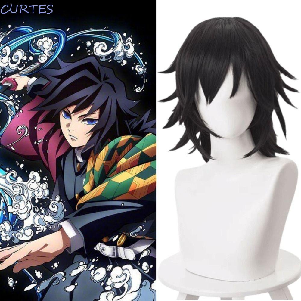 CURTES Kimetsu Tomioka Giyuu Wig, สังเคราะห์หางม้าสีดำสำหรับคอสเพลย์, ทนความร้อนและเหมาะสำหรับงานปาร