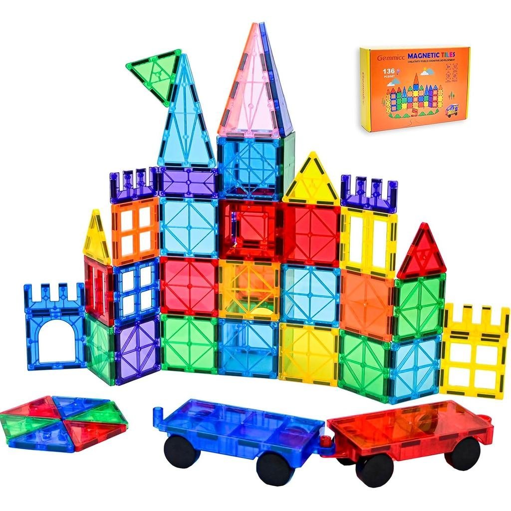 Gemmicc กระเบื้องแม่เหล็ก, Deluxe 136 ชิ้น Building Blocks ของเล่นแม่เหล็กสําหรับเด็ก, 3D แม่เหล็กปร