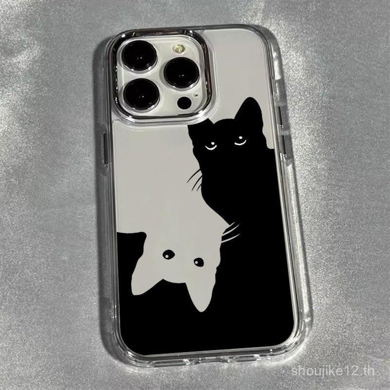 SAMSUNG สีดําและสีขาวแมวกรอบโลหะเคสโทรศัพท์สําหรับSamsung S23 S20 S25 S21 S24 S22 S21FE S24FE S25PLU