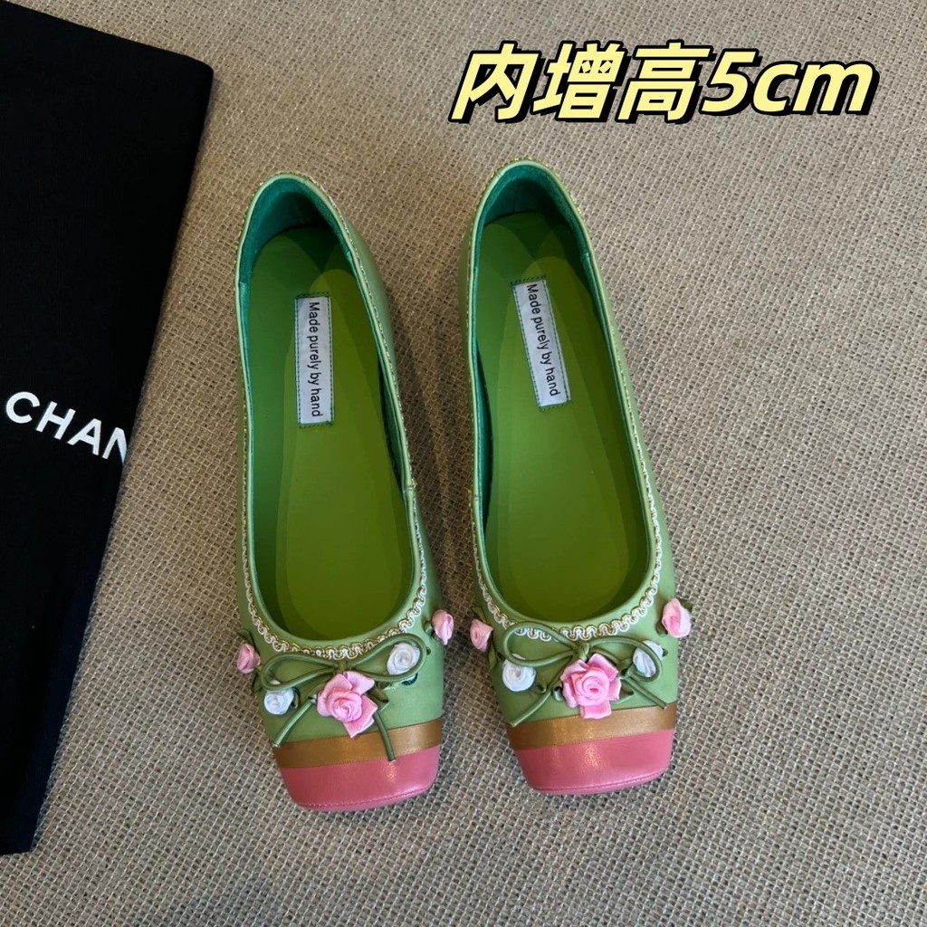 รองเท้าส้นเตี้ยกึ่งกลางหนังแท้ สไตล์แฟshy;ny ดอกไม้โบว์ รุ่น One-Pedal