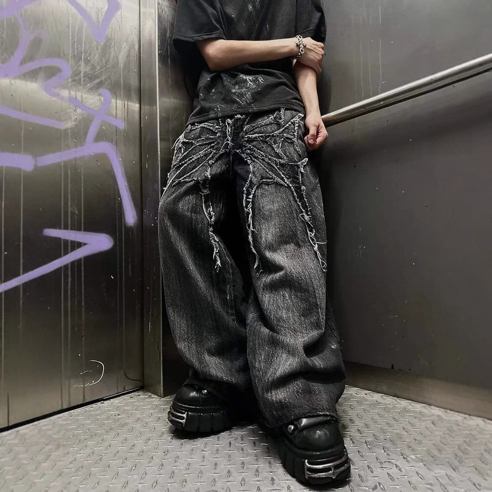 Y2k Street Dark Punk ปัก Frayed Patch กางเกงขากว้าง Street กางเกงหลวมกางเกงยีนส์