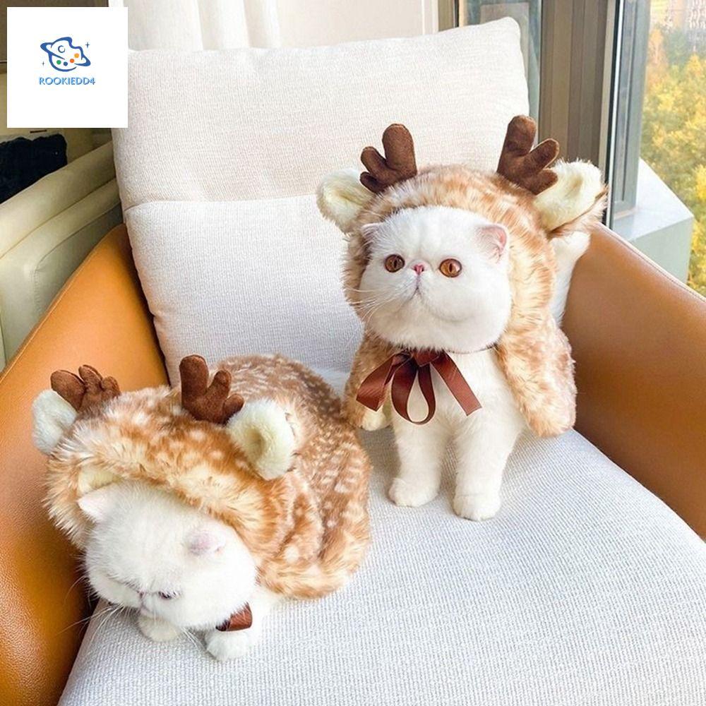 ROOKIEDD4 Cat Elk Cloak, ตกแต่ง Plush Elk สุนัขผ้าคลุมไหล่, สุนัขแมวเสื้อผ้าเสื้อนุ่มกับ Antlers หมว