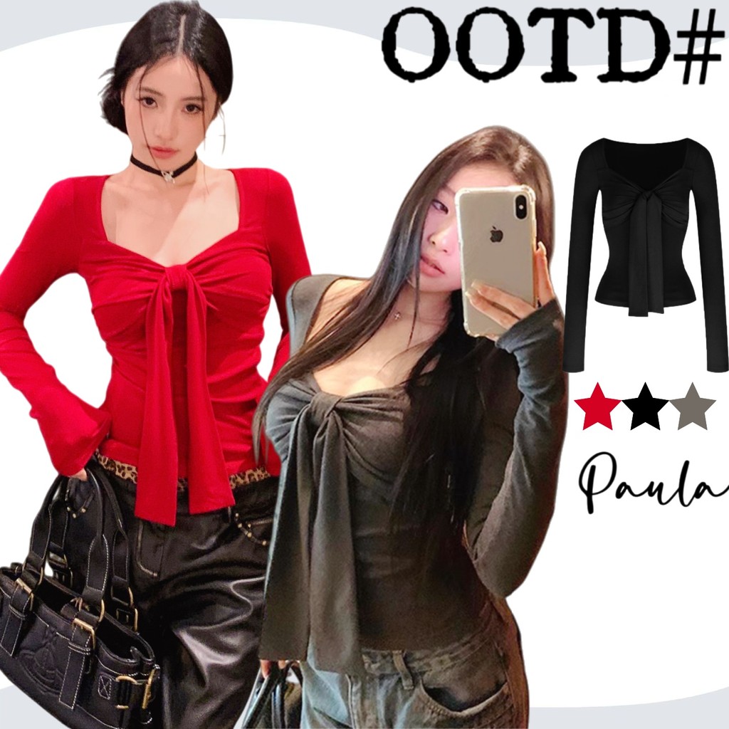 Paula พร้อมส่ง🌴เสื้อสตรีสีแดงแขนยาวสไตล์เกาหลี🌴ดีไซน์โบว์แพรวาวหน้าหน้าอก ทรงครอปกระชับเอว เนื้อผ้านุ่มกระชับผิว