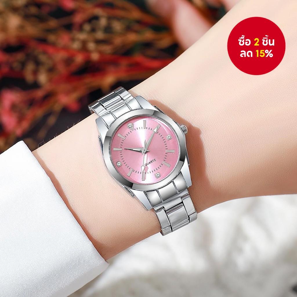 นาฬิกาควอตซ์สุภาพสตรีพร้อมสายนาฬิกาสแตนเลส พลอยเทียม นาฬิกาข้อมือหรูหราสําหรับผู้หญิงไม่รวมกล่อง