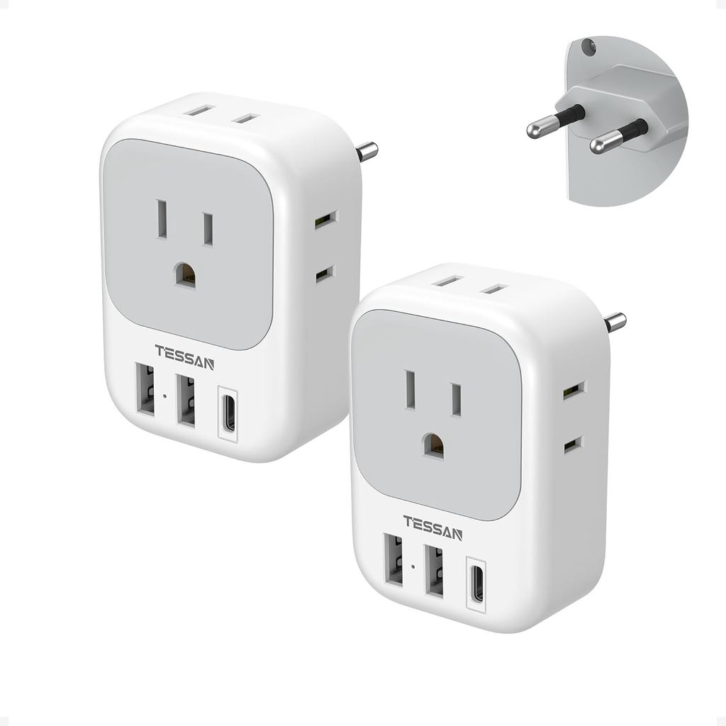 2 Pack European Plug Adapter USB C, TESSAN US to Europe Adapter 4 Outlets 3 USB Charger, Type C Inte