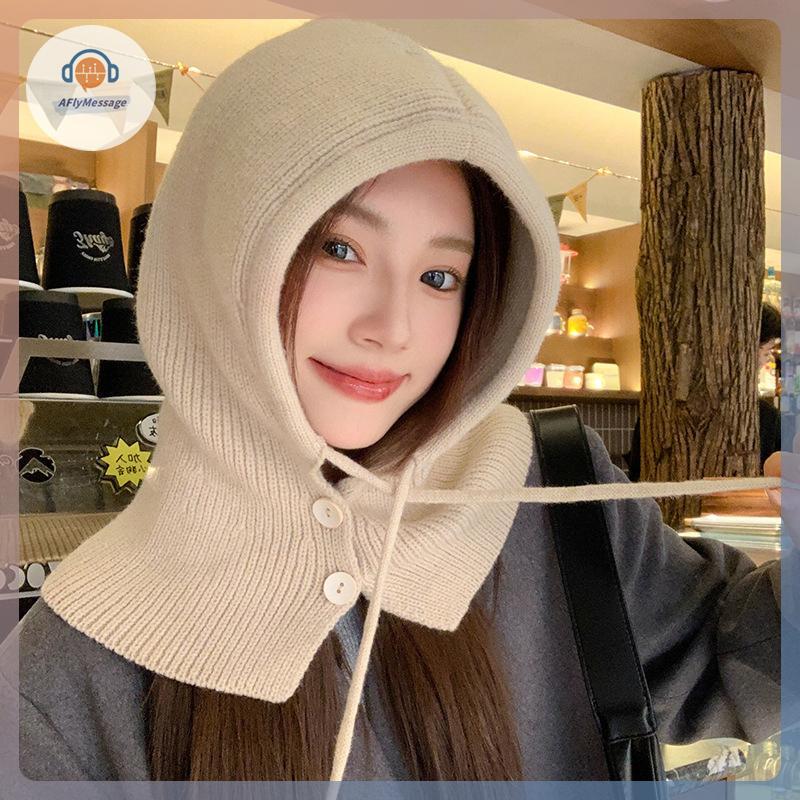 AFl ฤดูหนาว Balaclava หมวก Warm ถักผู้หญิง Hood หมวกสีทึบ One-piece คอ Pullover กลางแจ้ง Cashmere หม