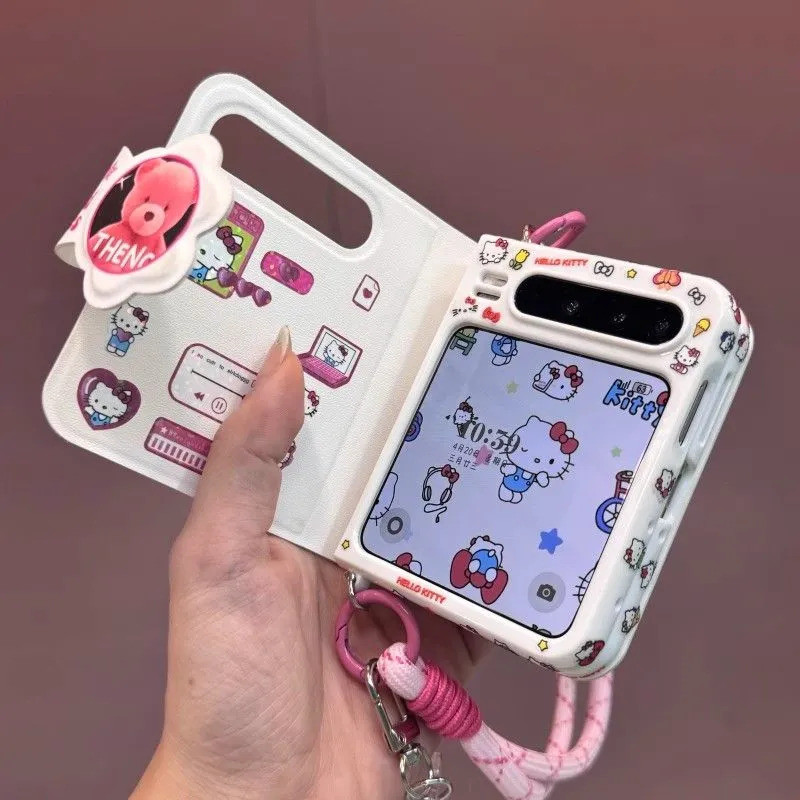 Hello Kitty เคสแบบฝาพับน่ารักสําหรับเคสโทรศัพท์ Xiaomi Mix Flip ปกหนังสีขาวพร้อมเชือกเส้นเล็ก