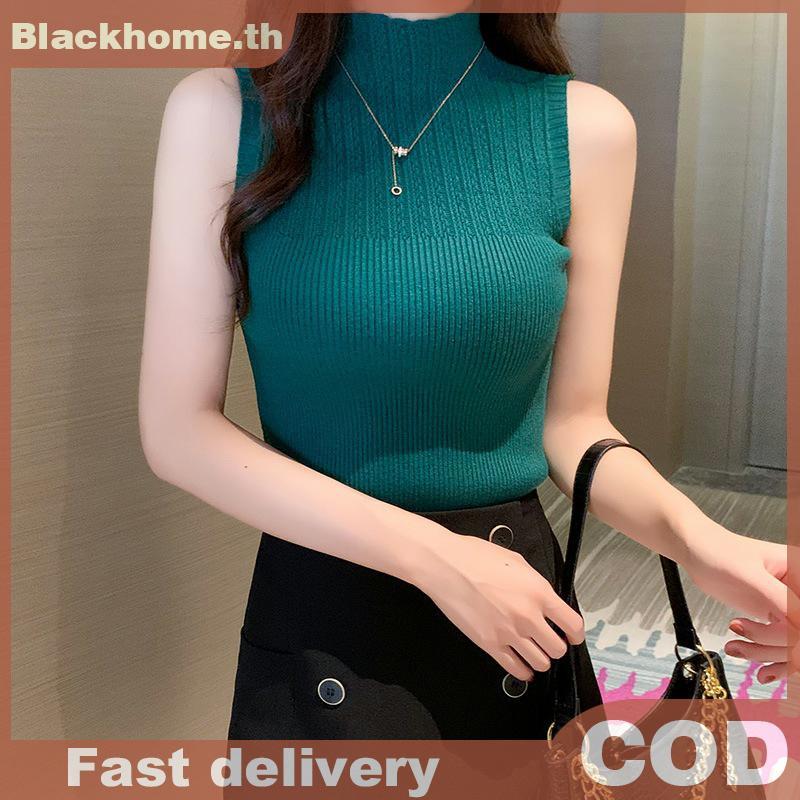 ACK ฤดูร้อน Retro สีทึบ เสื้อกล้ามครึ่งคอเต่าสำหรับผู้หญิงแขนกุด