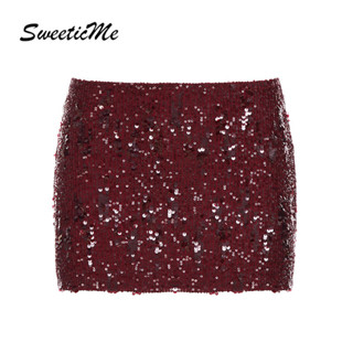 SweeticMe กระโปรงมินิสีแดงสำหรับปาร์ตี้ เซ็กซี่เลื่อม ดีไซน์…