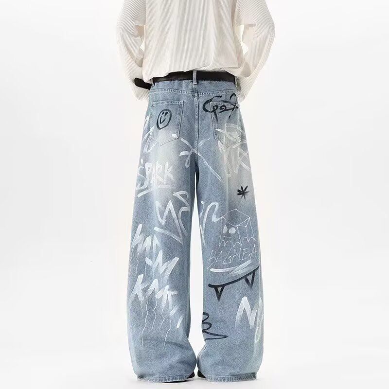 Suikone กางเกงยีนส์ผู้ชาย สไตล์อเมริกัน Street style Fun Graffiti design คุณภาพสูง Unisex fit — صورة 7