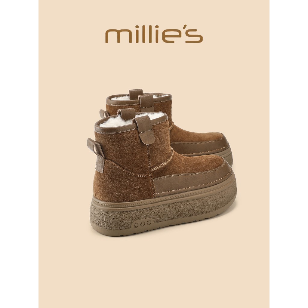 Millies Miaoli รองเท้าผู้หญิง หนังนิ่มแบนสไตล์อังกฤษ Retro Slimmer รองเท้าบู๊ตหิมะอบอุ่น