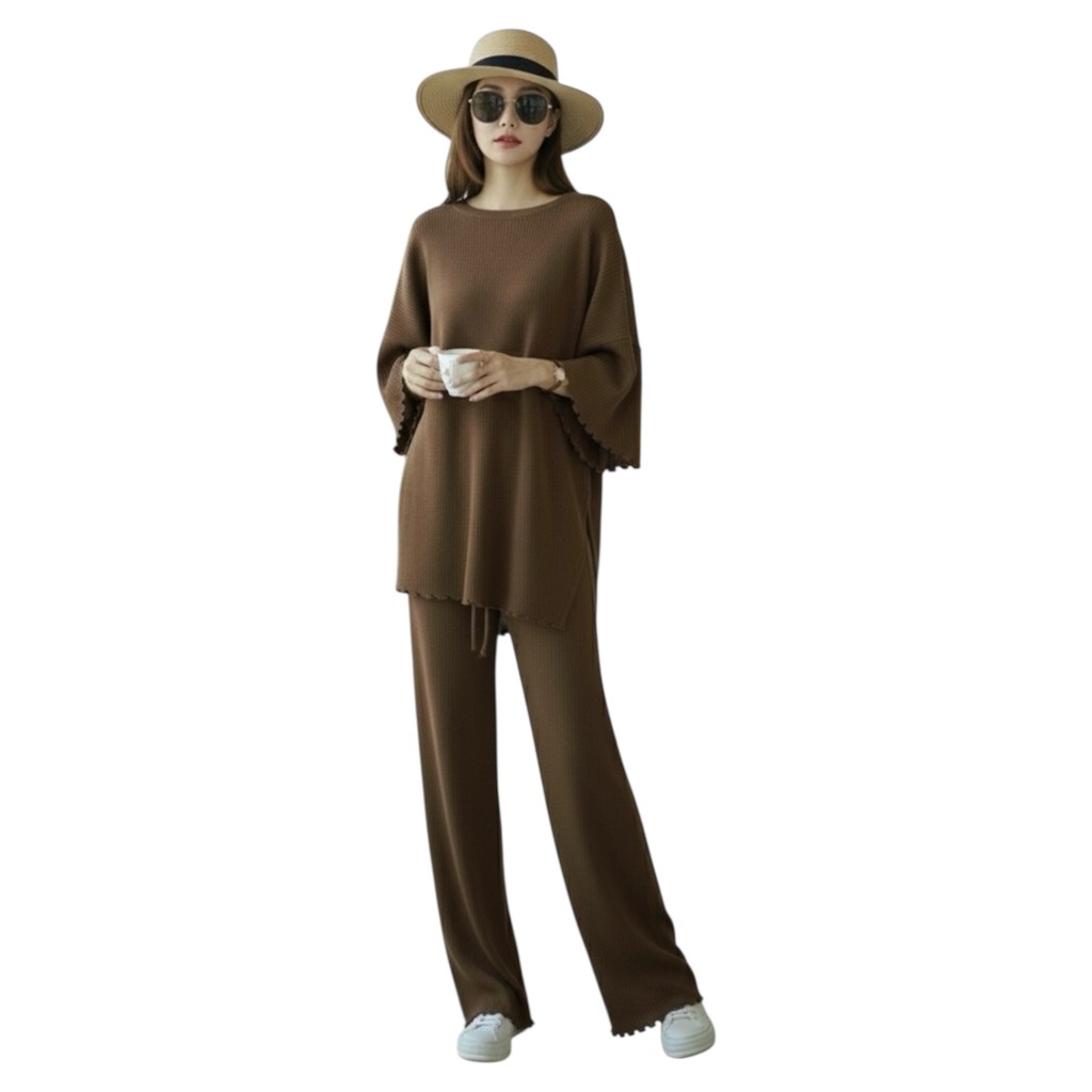 ชุดเซ็ตเนื้อนิตยืด ทอร่องเล็ก ป้าย KKUUTIST แต่งปลายแขนและชายเสื้อน่ารัก มีกระเป๋า2ข้าง - รูปที่ 2