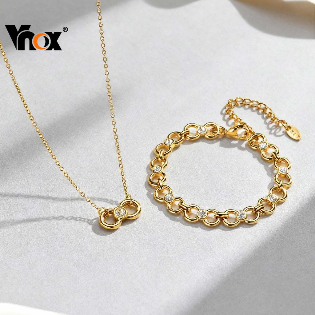 Vnox Chunky Infinity Zircon Necklace Bracelet Set,Gold-Tone Stainless Steel Women Jewelry Set for Wo