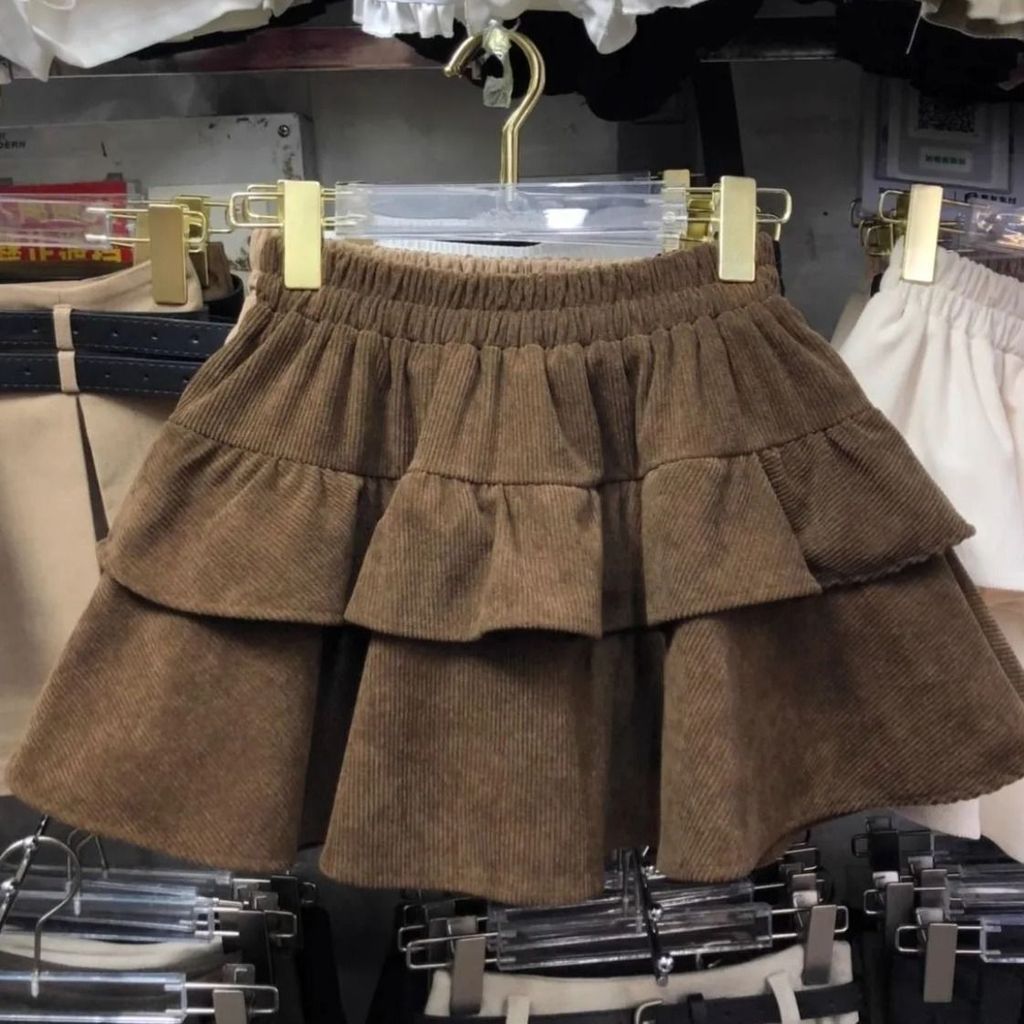 กระโปรงลายพิมพ์เค้กลูกฟูก สำหรับฤดูใบไม้ร่วงและหนาว สวมใส่ได้หลากหลายโอกาส กระโปรงสองชั้น สไตล์วัยรุ่น