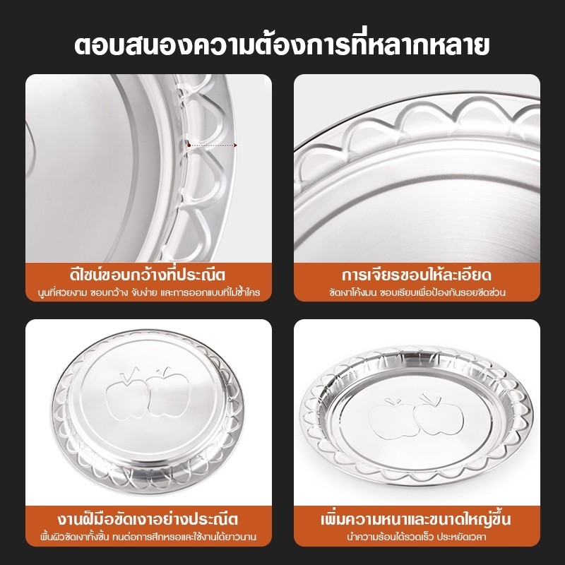 จานสแตนเลส ทรงกลมแบน ถาดสแตนเลส สีเงิน ลายแอปเปิ้ล ผลิตด้วยการขึ้นรูปชิ้นเดียว และเทคโนโลยีการปั๊มนูน มี 6 ขนาดให้เลือก - รูปที่ 3