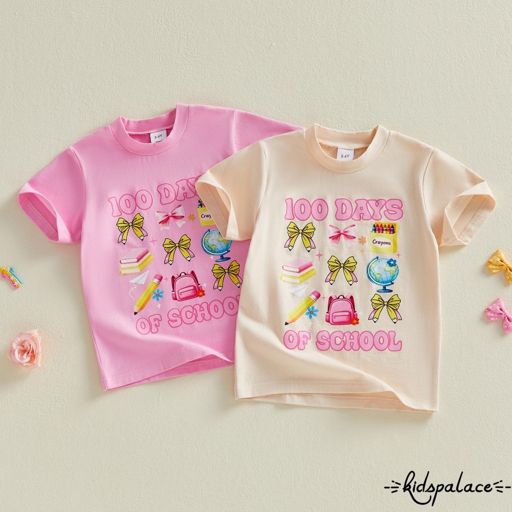 เสื้อเด็กวัยหัดเดิน BBG Girls 100 วันแรกของโรงเรียน สไตล์แขนสั้น รอบคอดีไซน์โบว์ พิมพ์ลายสวยงาม